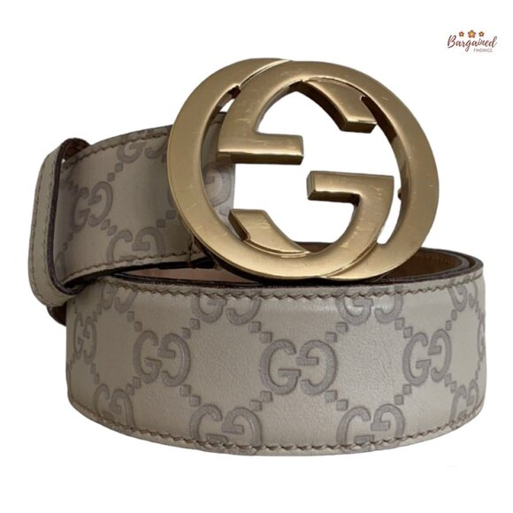 Authentic Gucci Cream Guccissima Leather Gold Interlocking G Buckle Belt 85/34 - Picture 1 of 13